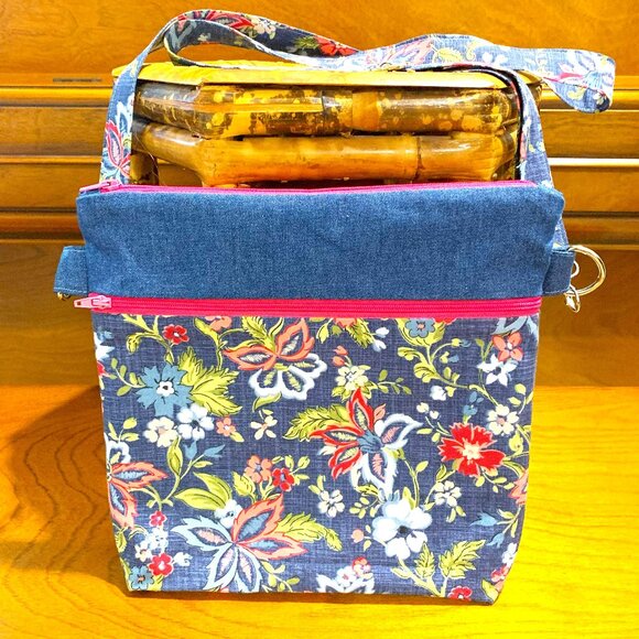 Handmade Denim and Cotton Floral Crossbody Bag with Lining and Zippered Closure - Picture 2 of 8